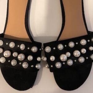 Super cute black suede sandals with pearls